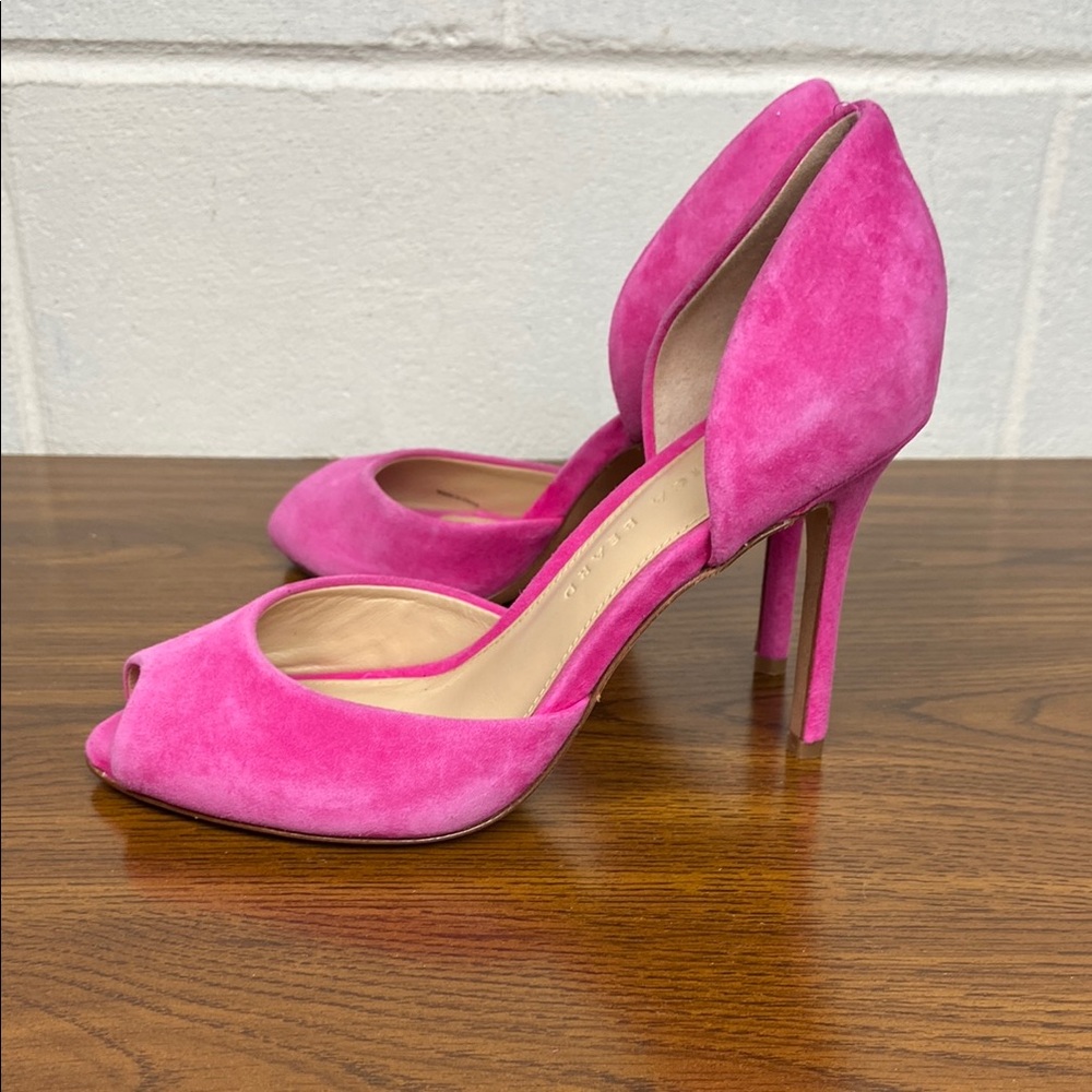 Veronica Beard Gadot Fuschia Suede‎ Leather Peep-Toe Heels Size 6M Barbie Pink - Picture 4 of 12